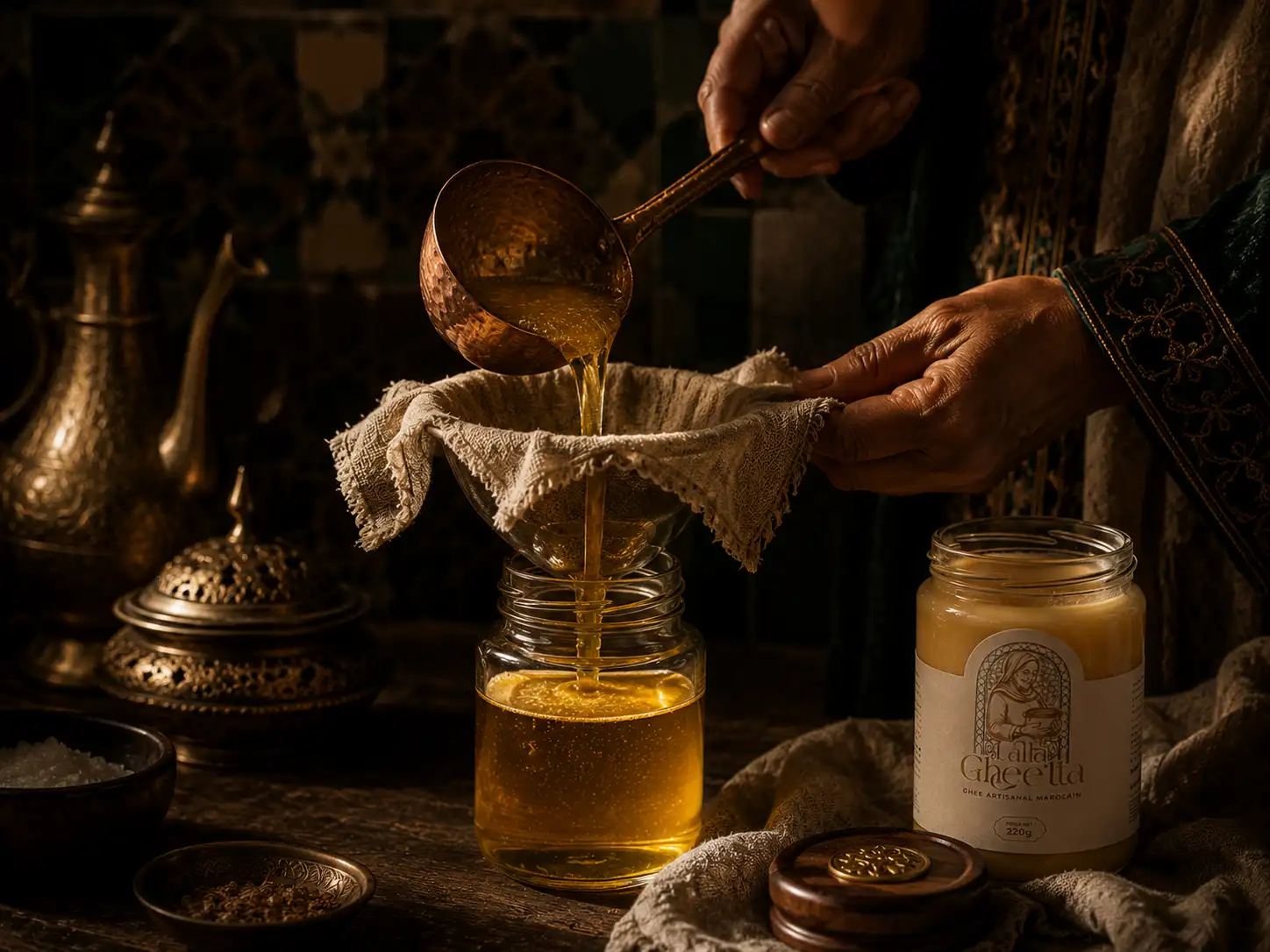 Filtration et mise en pot du ghee artisanal Lalla Ghee'tta