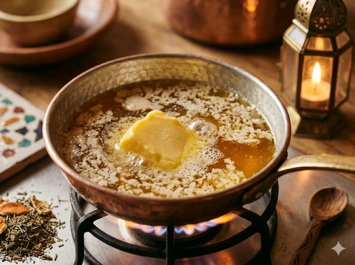 Fonte lente du beurre dans une casserole en cuivre