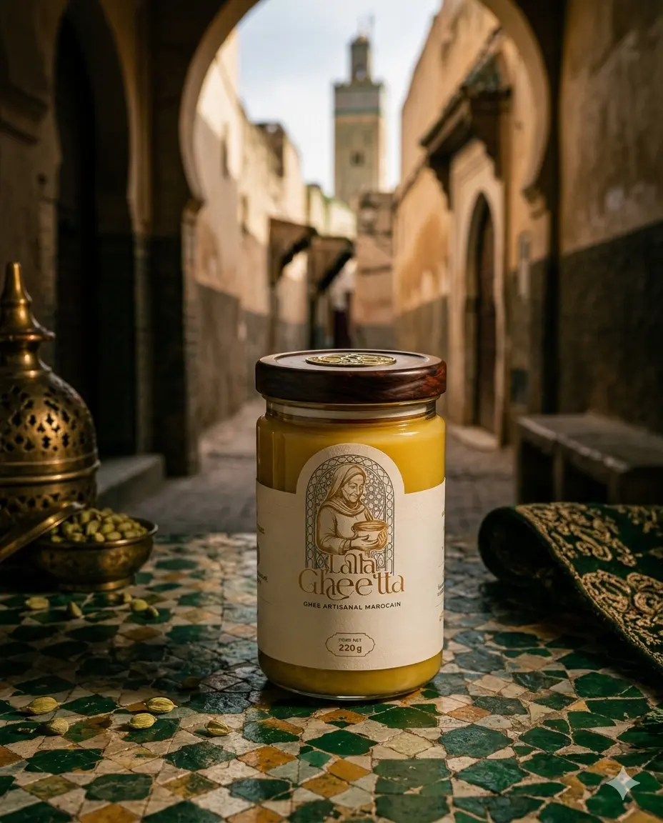 Pot de ghee Lalla Ghee'tta sur zellige marocain, médina de Fès